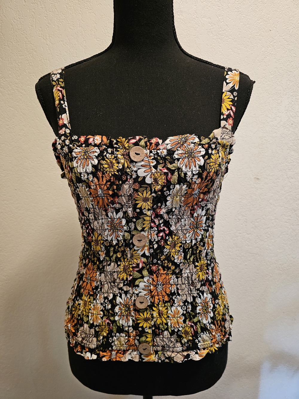 Liberty Love Black Floral Smocked Tank with Yellow & Orange Flowers